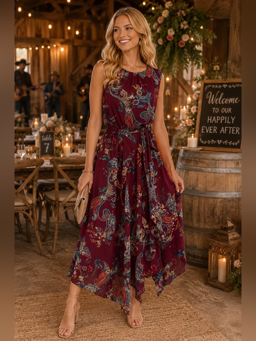 Burgundy Floral Handkerchief Hem Dress